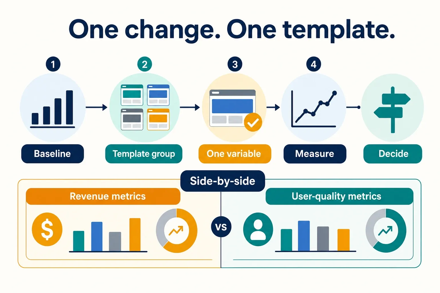 Infographic showing a baseline-to-measure ad density optimization testing flow with revenue and user-quality scorecards, no brand marks.