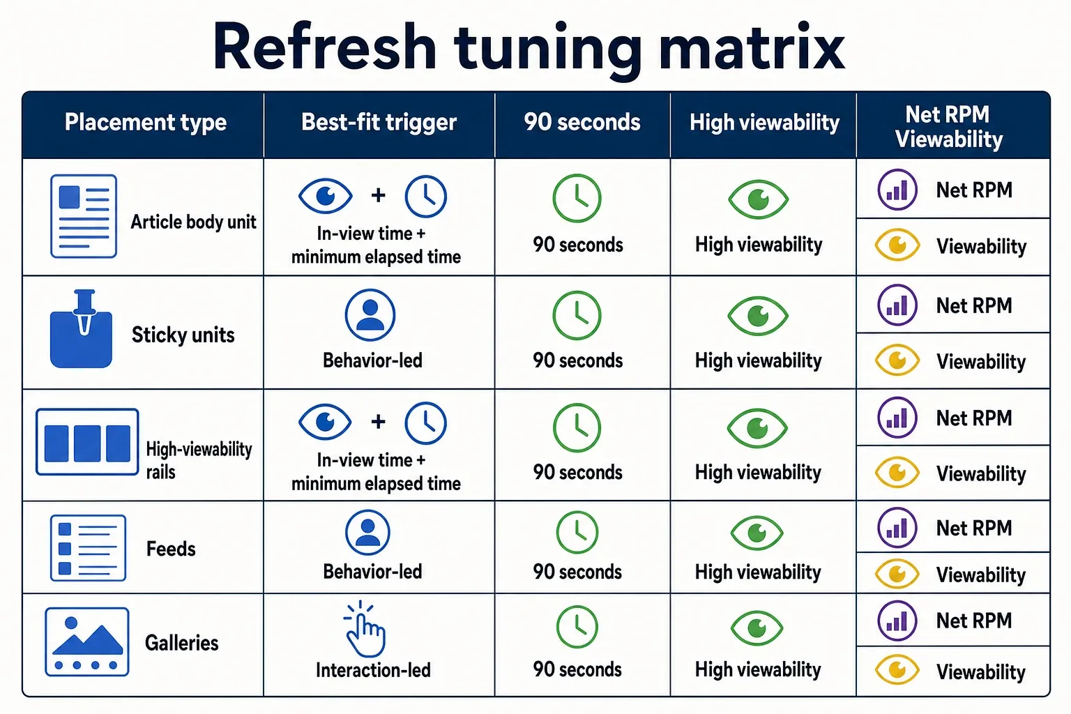 Infographic matrix mapping ad placement types to best-fit refresh triggers and conservative intervals.