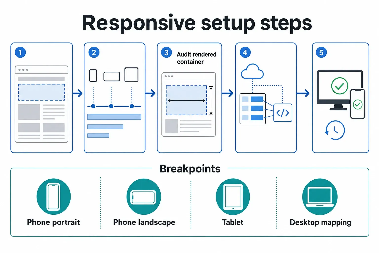 Infographic workflow for configuring responsive ad sizes in Google Ad Manager across breakpoints, including an audit step and test step.