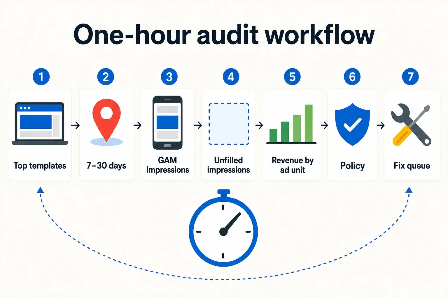 Infographic checklist for a repeatable one-hour ad layout audit with labeled steps.