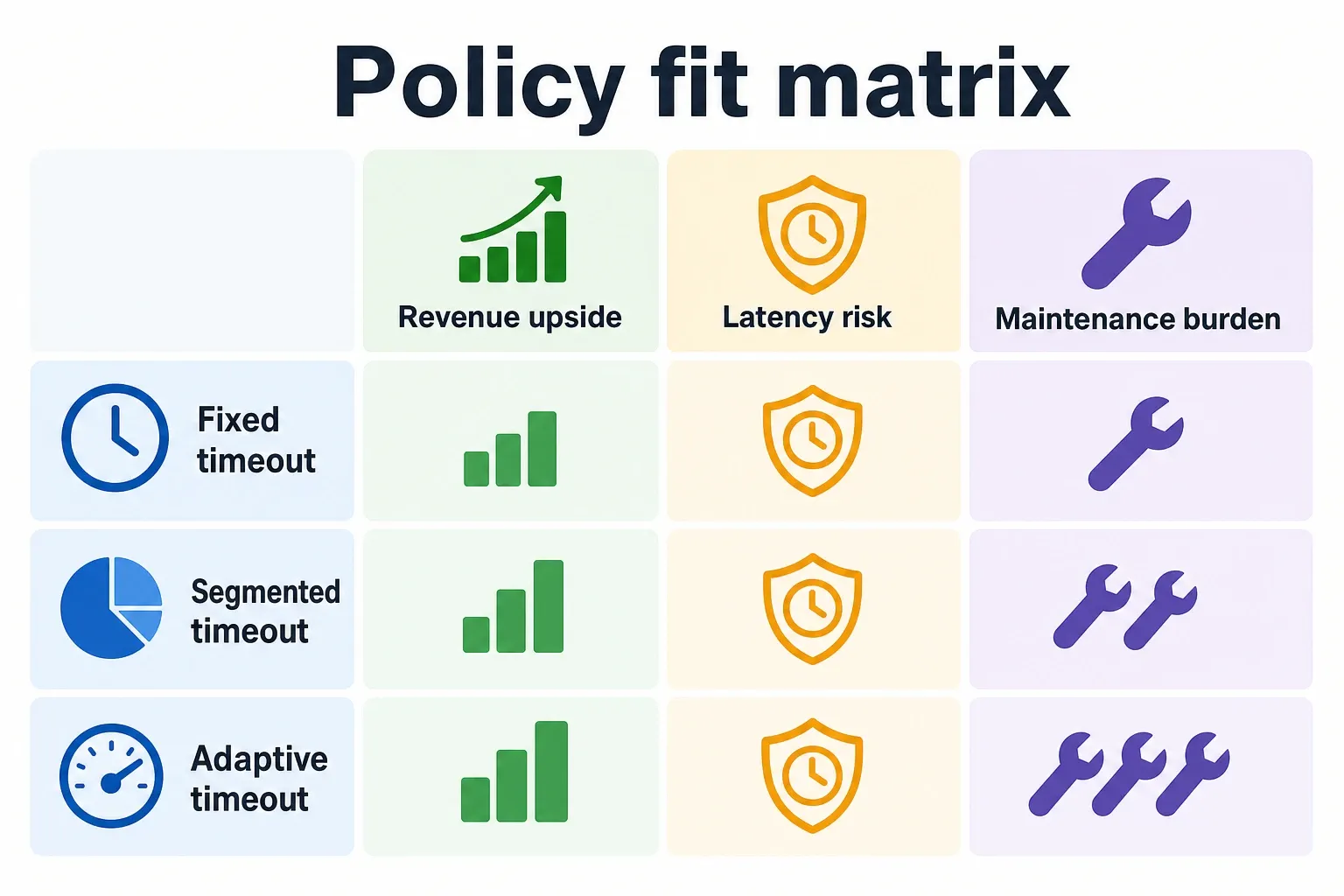 Comparison infographic mapping timeout policies to revenue, latency risk, and maintenance burden for inventory problems.