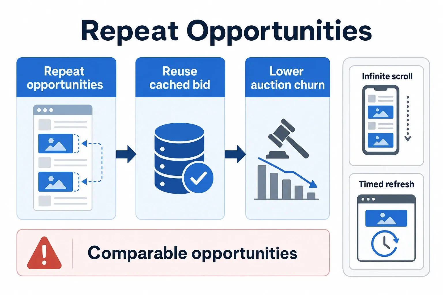 Infographic showing when bid caching fits: infinite scroll and timed refresh leading to cached bid reuse across comparable opportunities.