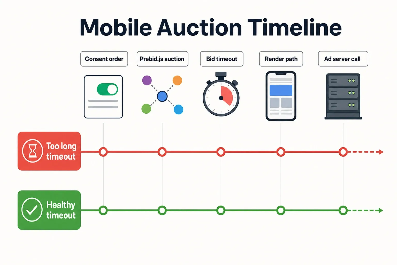 Timeline infographic comparing mobile header bidding flows with consent, auction, timeouts, ad server call, and creative render.