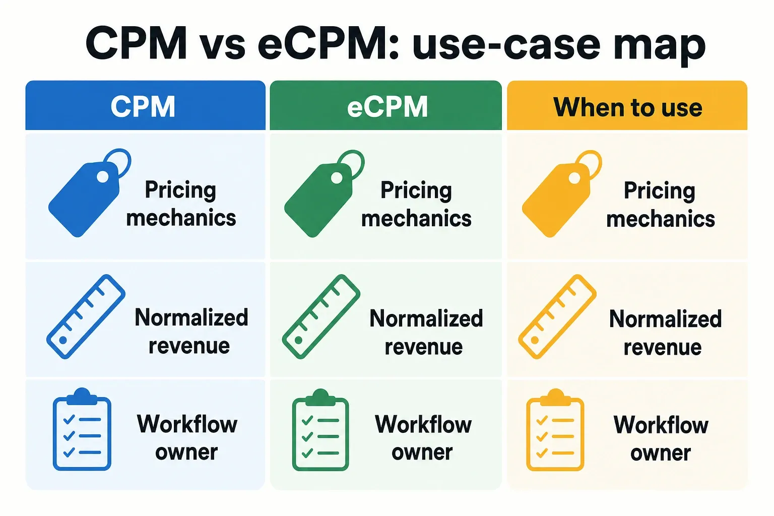 Side-by-side comparison graphic showing CPM vs eCPM use cases and what each reveals.