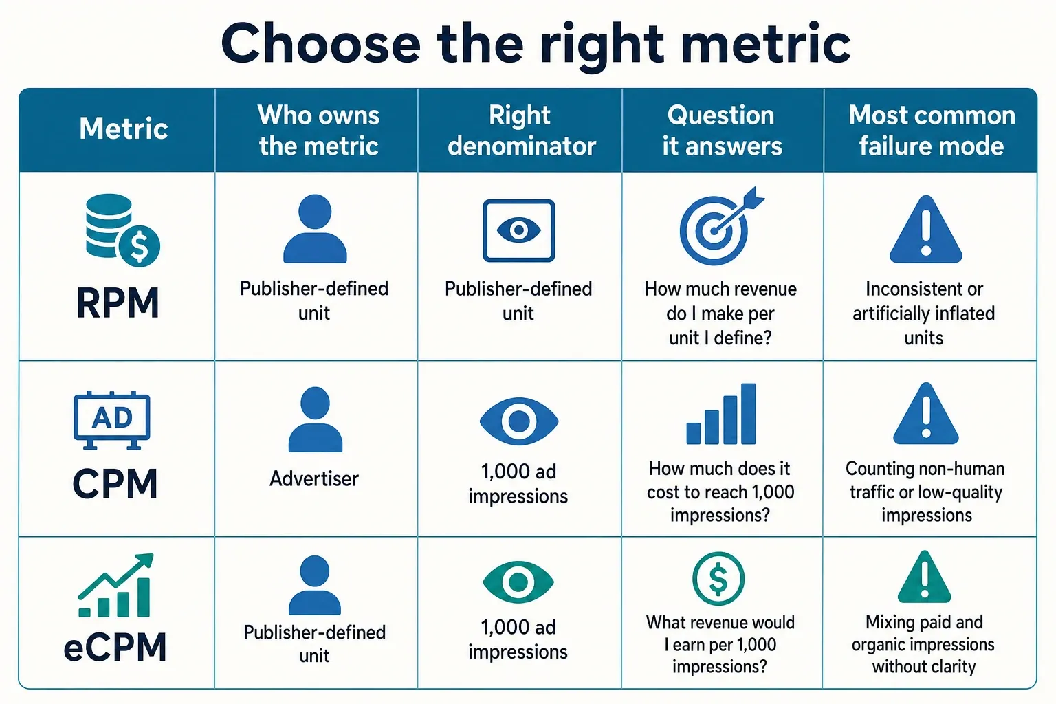 Comparison infographic showing RPM vs CPM vs eCPM with who owns the metric, right denominator, and failure mode labels.
