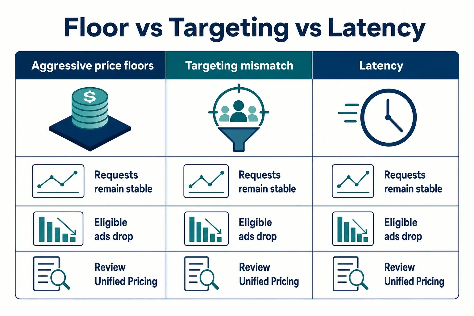 Infographic comparing price-floor, targeting mismatch, and latency failure modes for unfilled impressions, with short labeled cues.