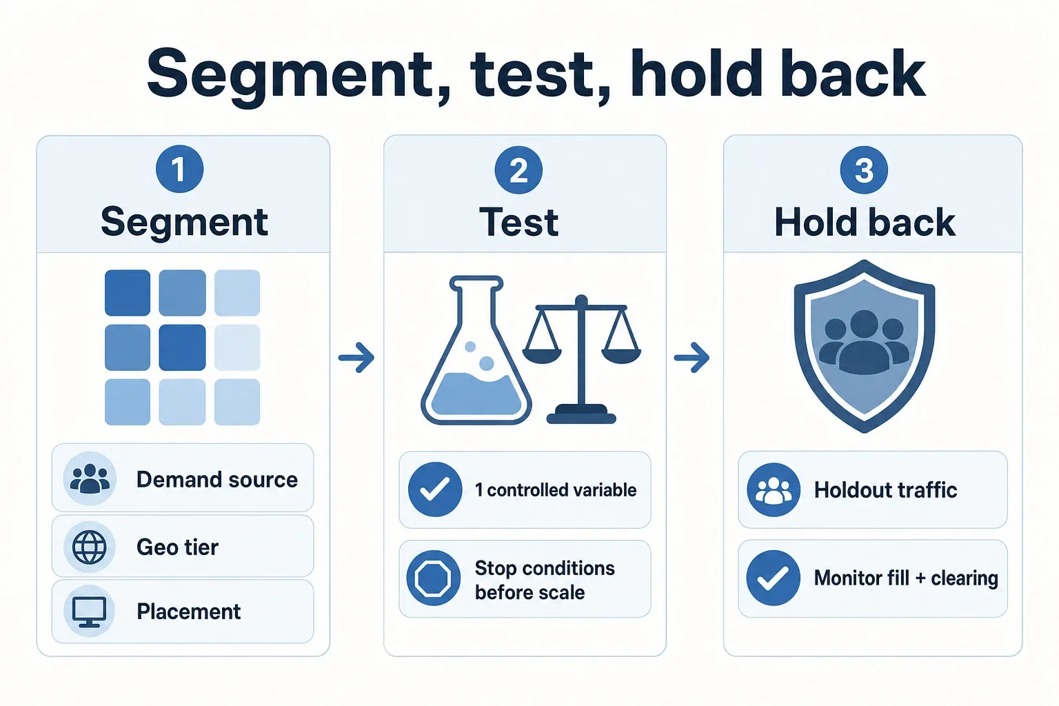 Infographic flow showing a three-step framework: segment, test with one controlled variable, and hold back traffic to protect outcomes.