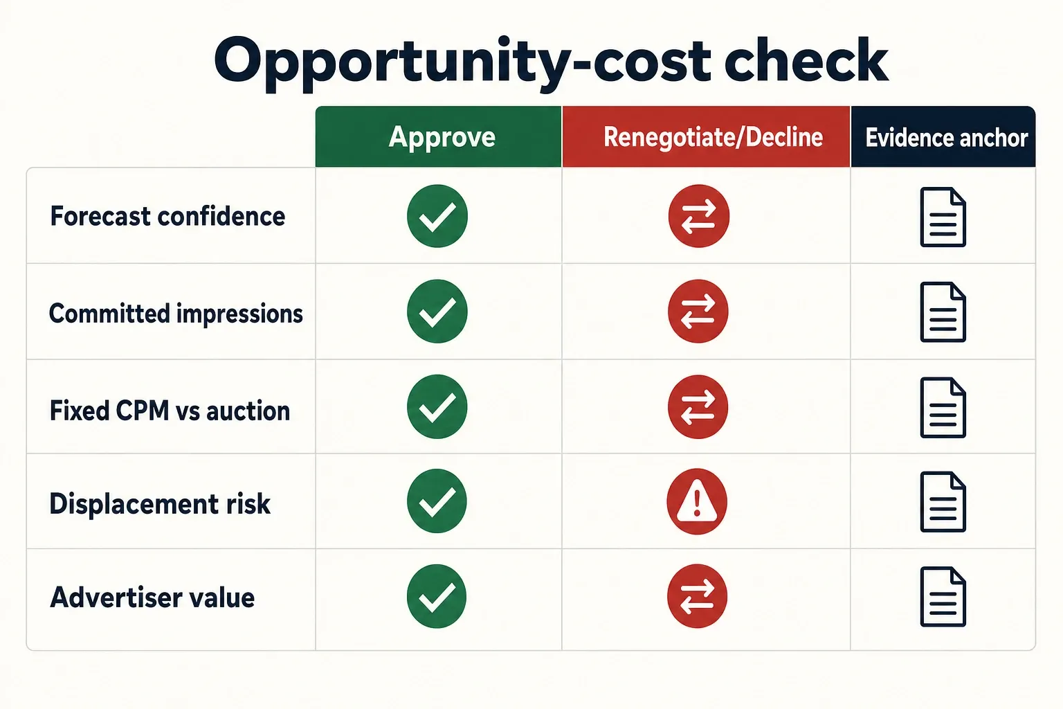 Comparison decision chart for whether to approve or renegotiate a programmatic guaranteed deal based on forecast, value, and displacement risk.