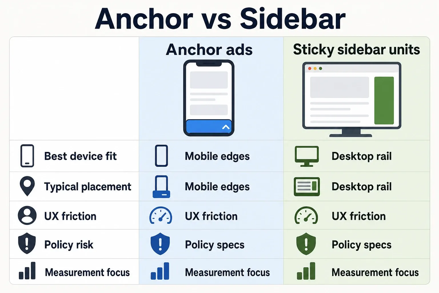 Side-by-side labeled comparison graphic between anchor ads and sticky sidebar units, including device fit, placement, UX friction, policy specs, and measurement focus.
